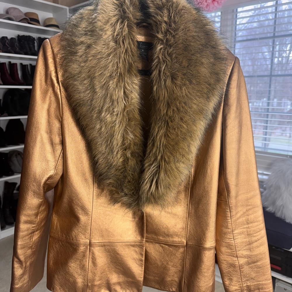 Luxurious Bronze Faux Fur Collar Leather Jacket